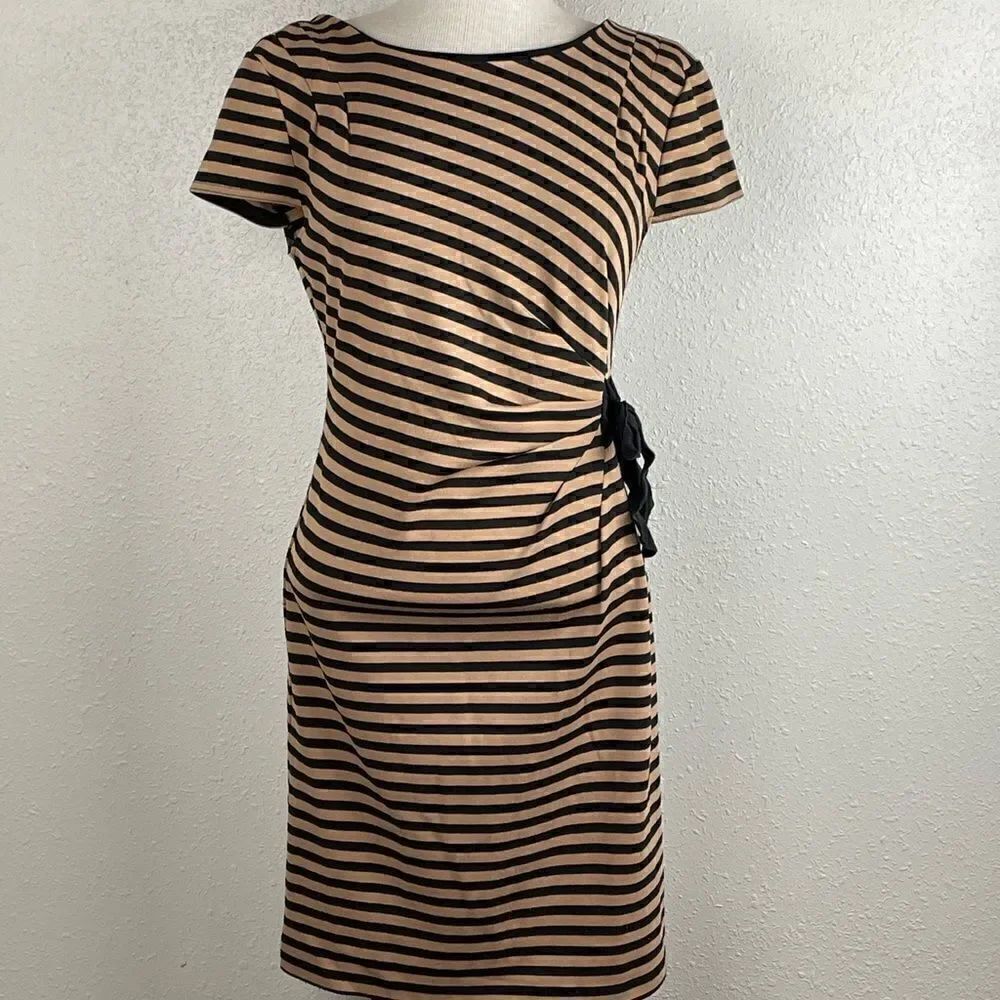Pre-Loved Spense Womens Black and Brown/Tan Stripped Midi Dress Size 4